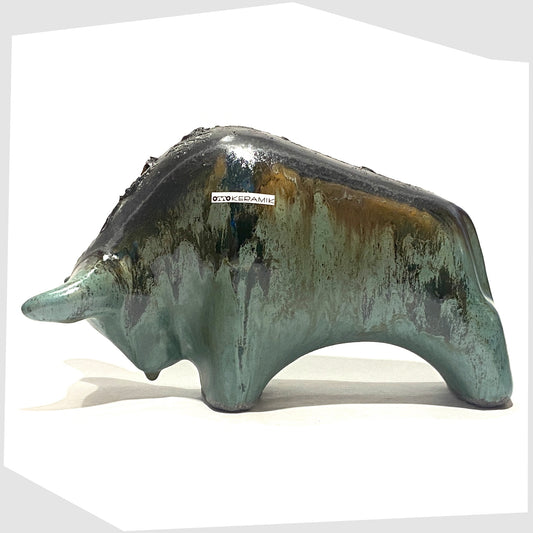 otto keramik ceramic bull sculpture in malta glaze of rich sea green with black fat lava