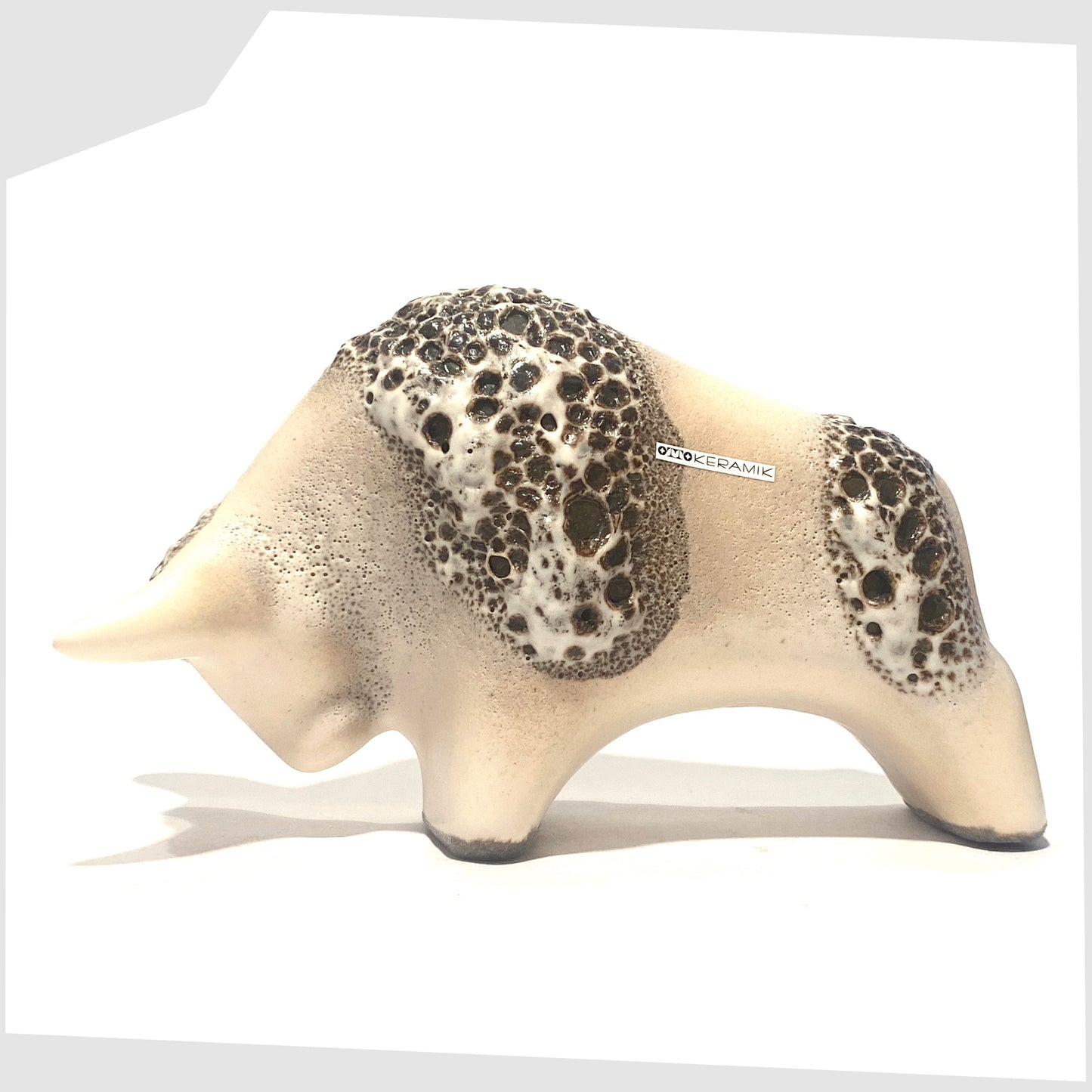 otto keramik ceramic bull sculpture in light matte glaze with brown fat lava stripes