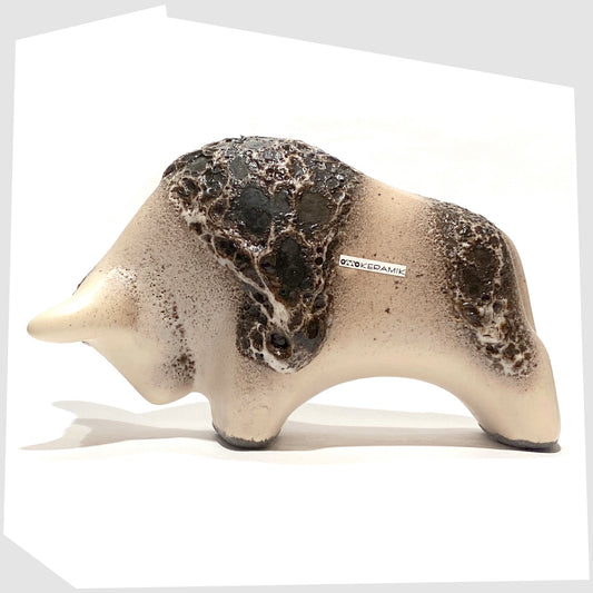 otto keramik ceramic bull sculpture in light matte glaze with brown fat lava stripes