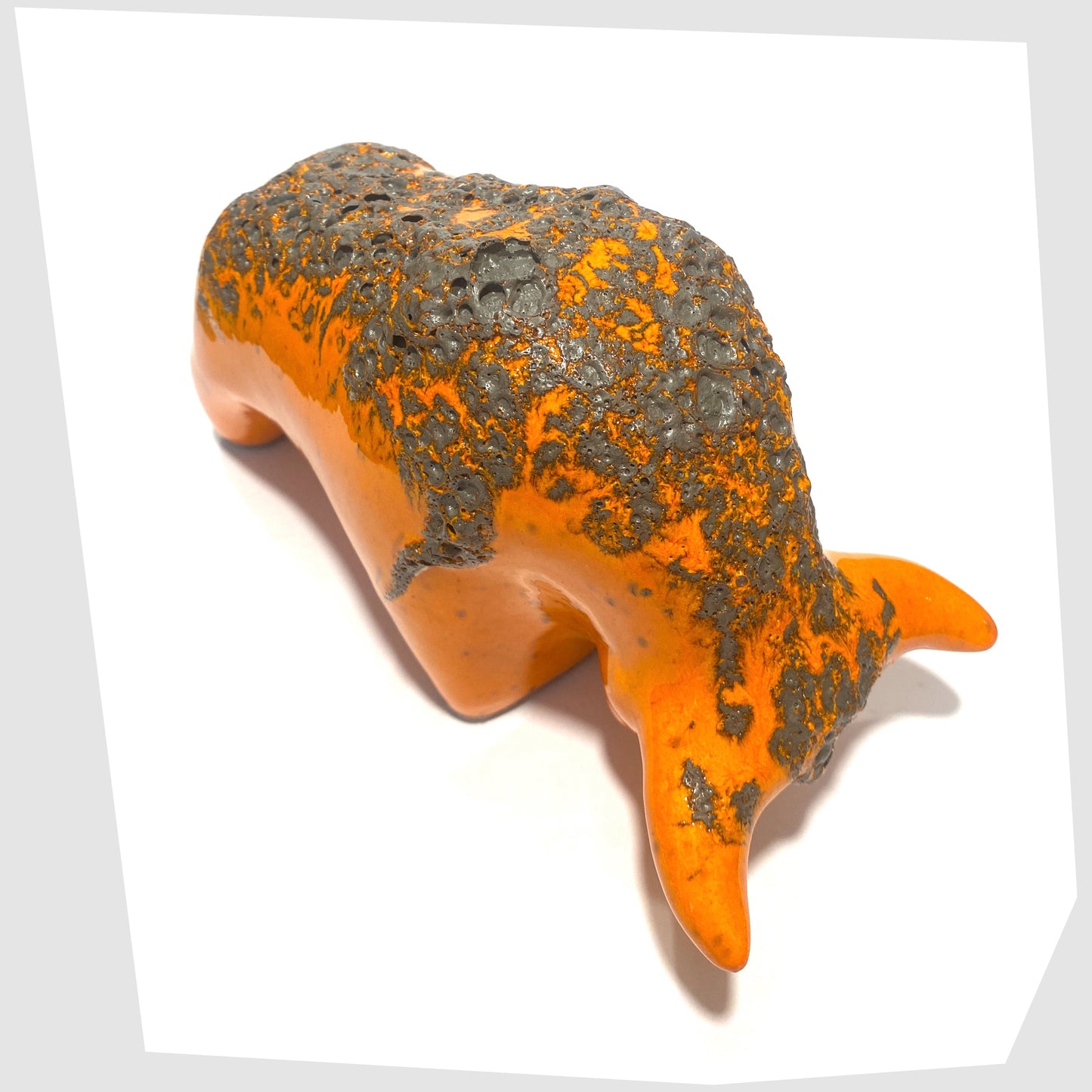 rear of the Otto Keramik Bull in Orange Fat Lava showing the matte grey lava glaze on the orange gloss base