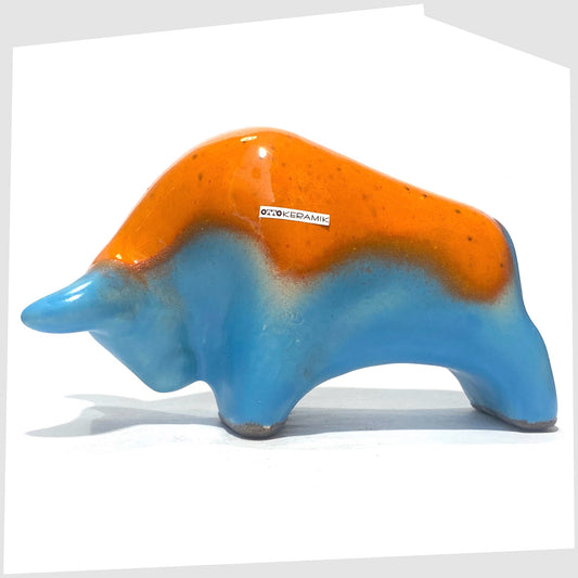 otto keramik ceramic bull in orange over blue glaze