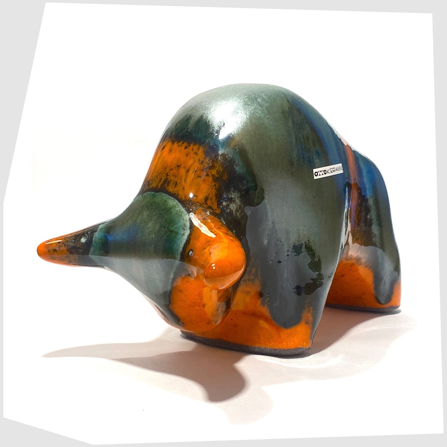 otto keramik ceramic peru bull in orange and green drip glaze