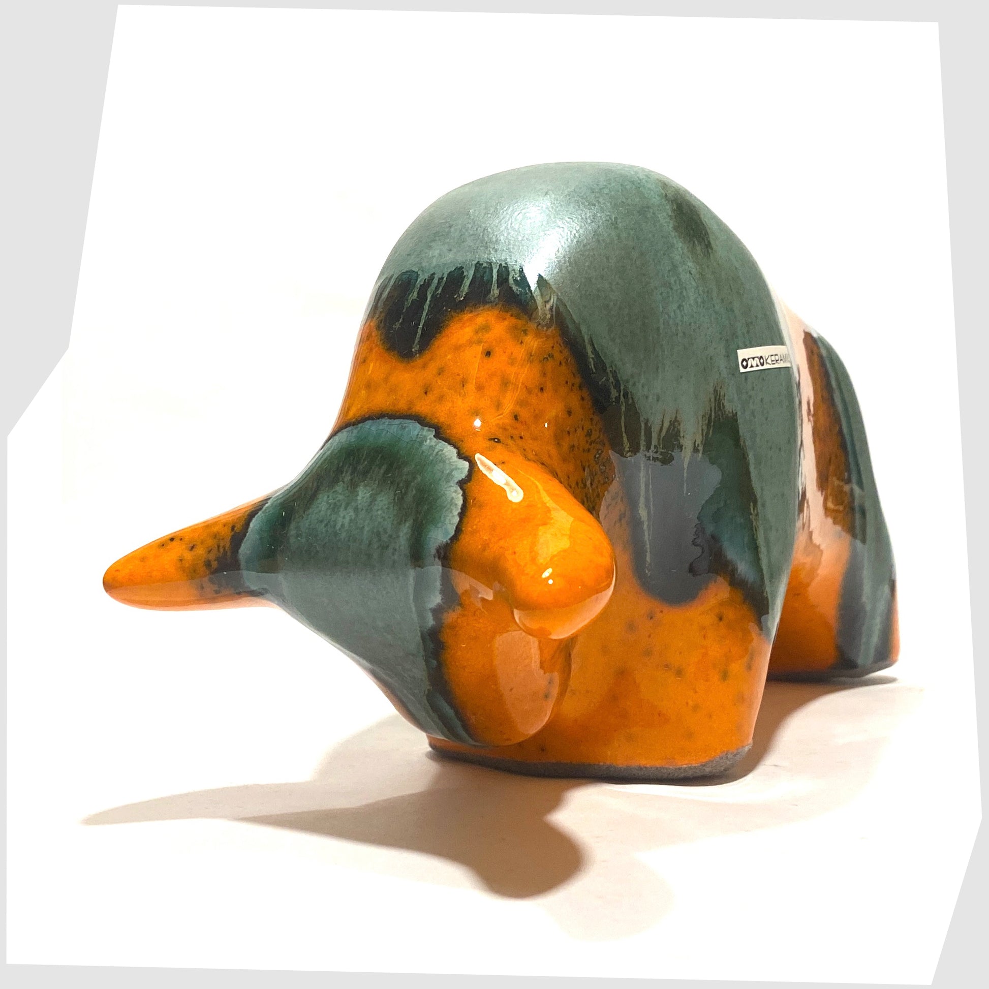 otto keramik ceramic peru bull in orange and green drip glaze