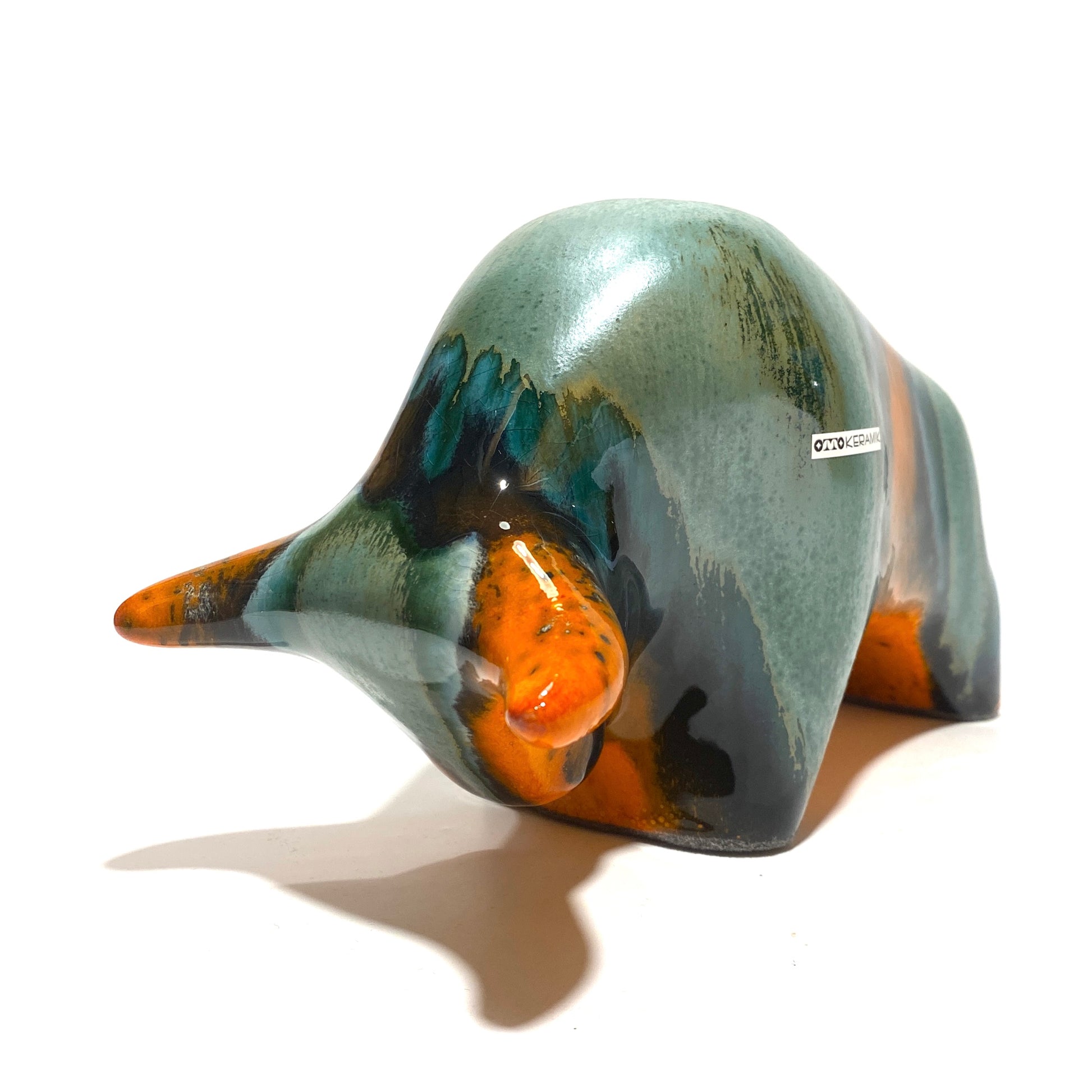 otto keramik ceramic peru bull in orange and green drip glaze