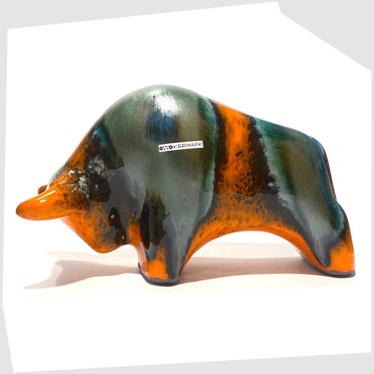 otto keramik bull in peru glaze of orange and sea green 