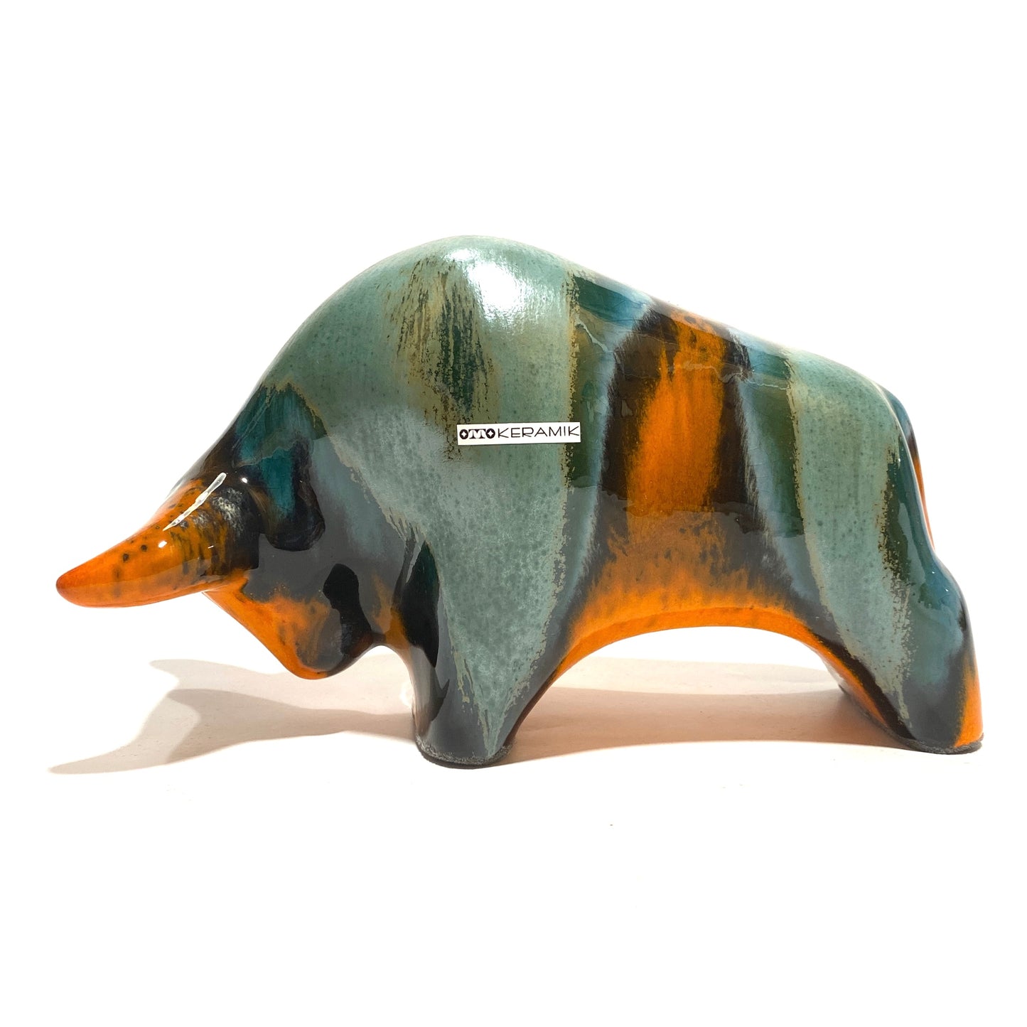 otto keramik bull in peru glaze of orange and sea green 