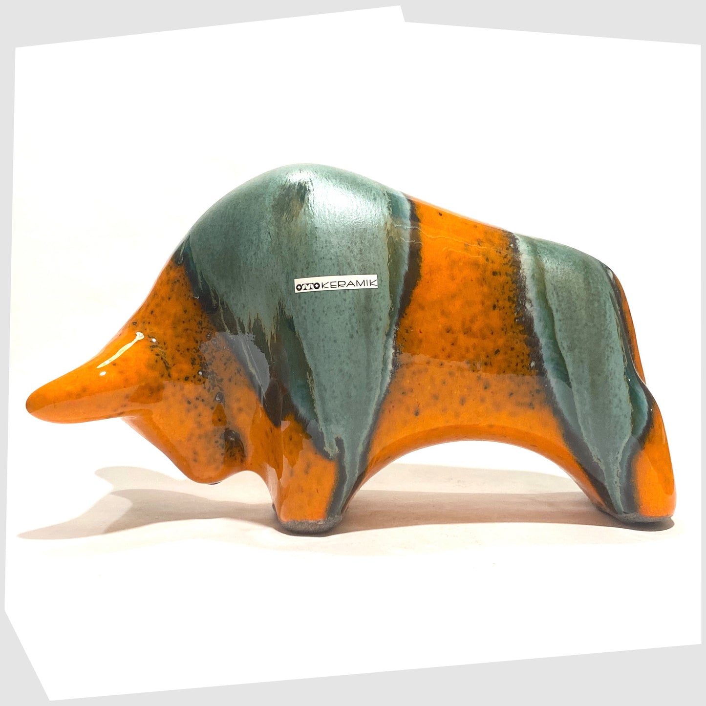 otto keramik bull in peru glaze of orange and sea green 