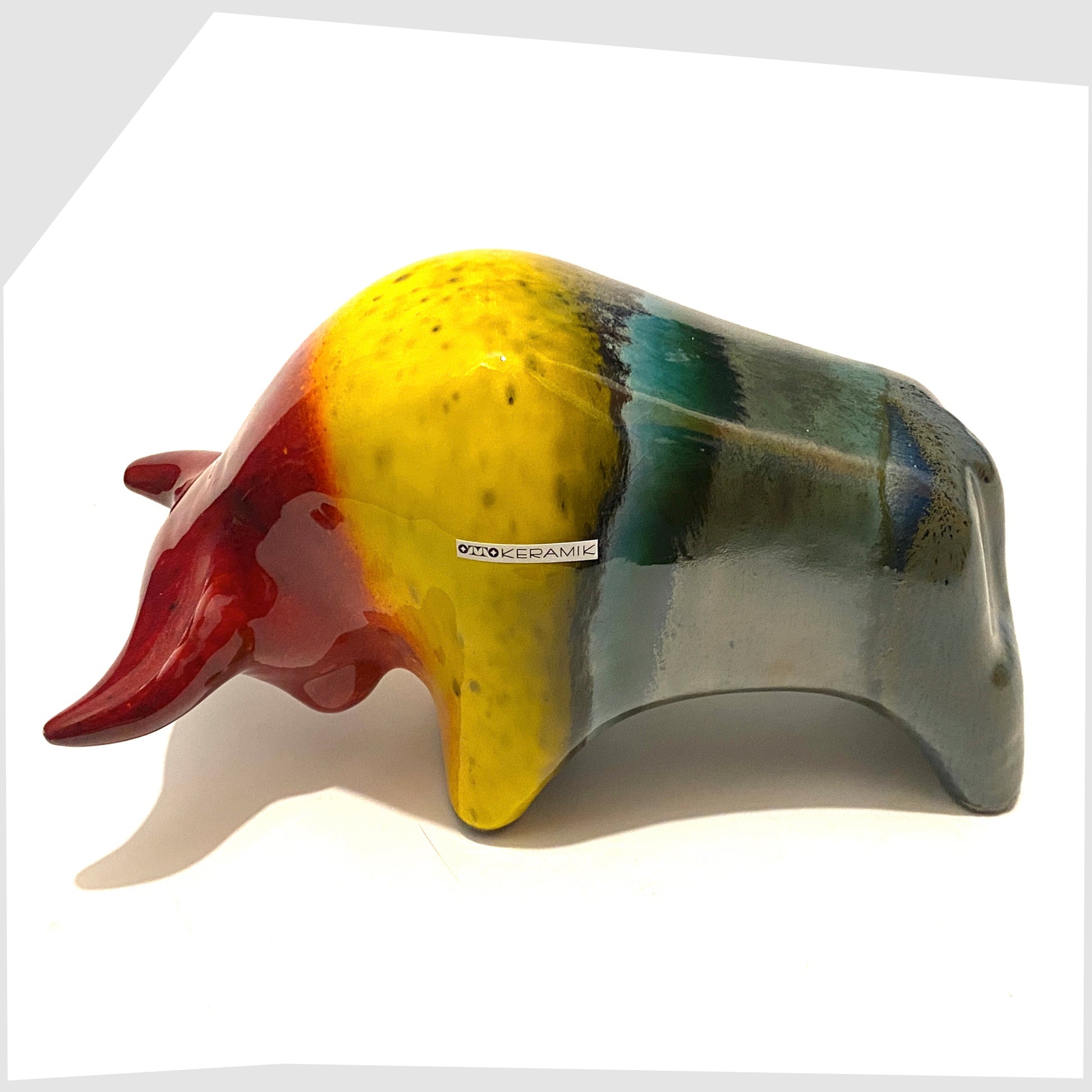 otto keramik ceramic bull oranment in multicoloured rainbow glazing