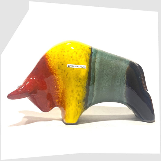 otto keramik ceramic bull shaped ornament in multicoloured rainbow glaze