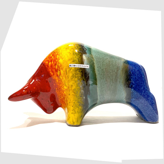 otto keramik ceramic bull shaped ornament in multicoloured rainbow glaze