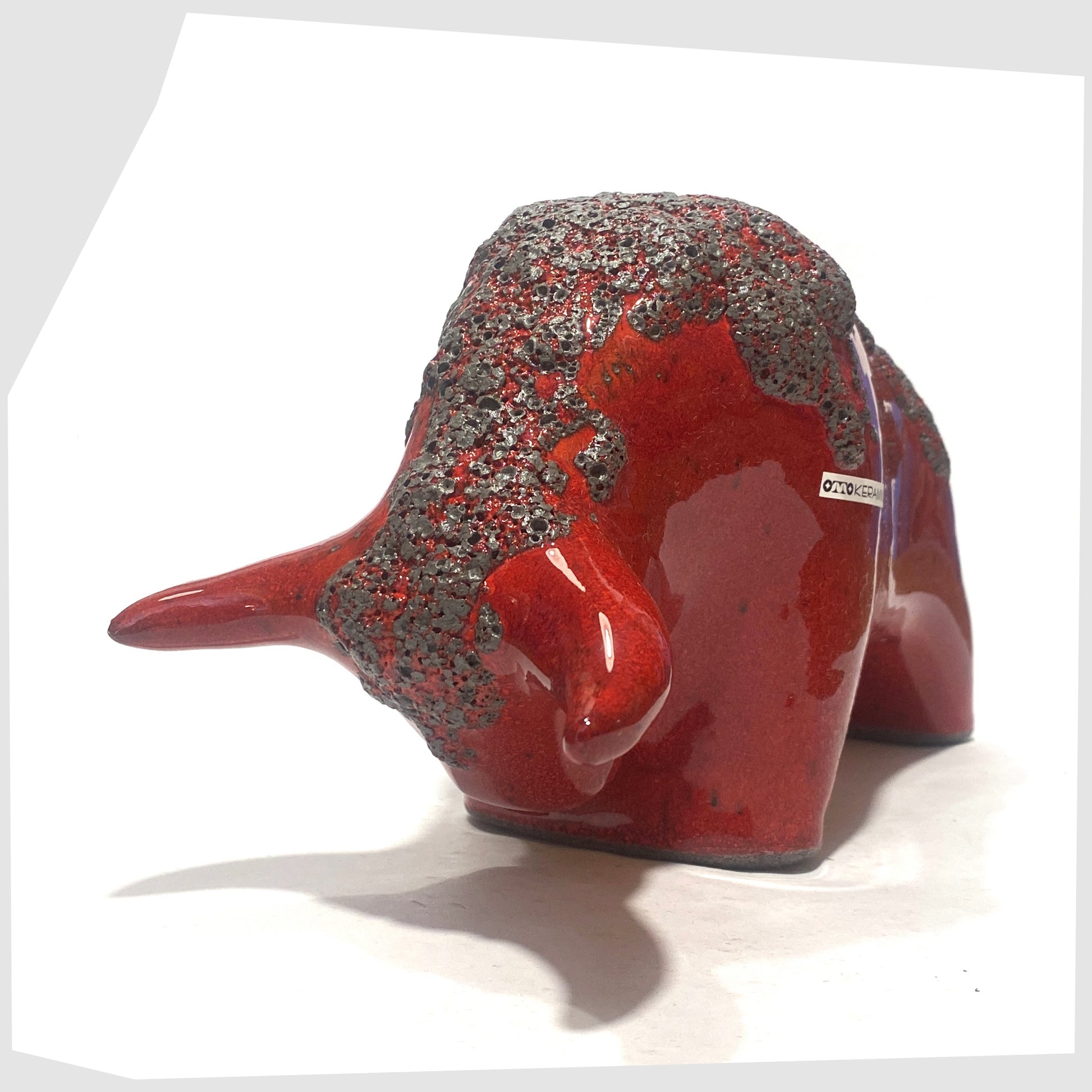 otto keramik ceramic bull-shaped sculpture in red glaze with grey fat lava along the spine