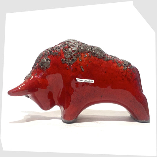 otto keramik ceramic bull in red glaze with grey fat lava along the spine