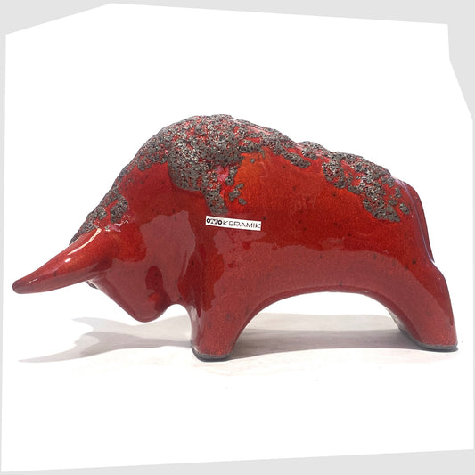 otto keramik ceramic bull in red glaze with grey fat lava along the spine