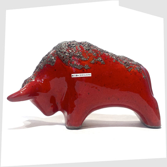 otto keramik ceramic bull in red glaze with grey fat lava along the spine