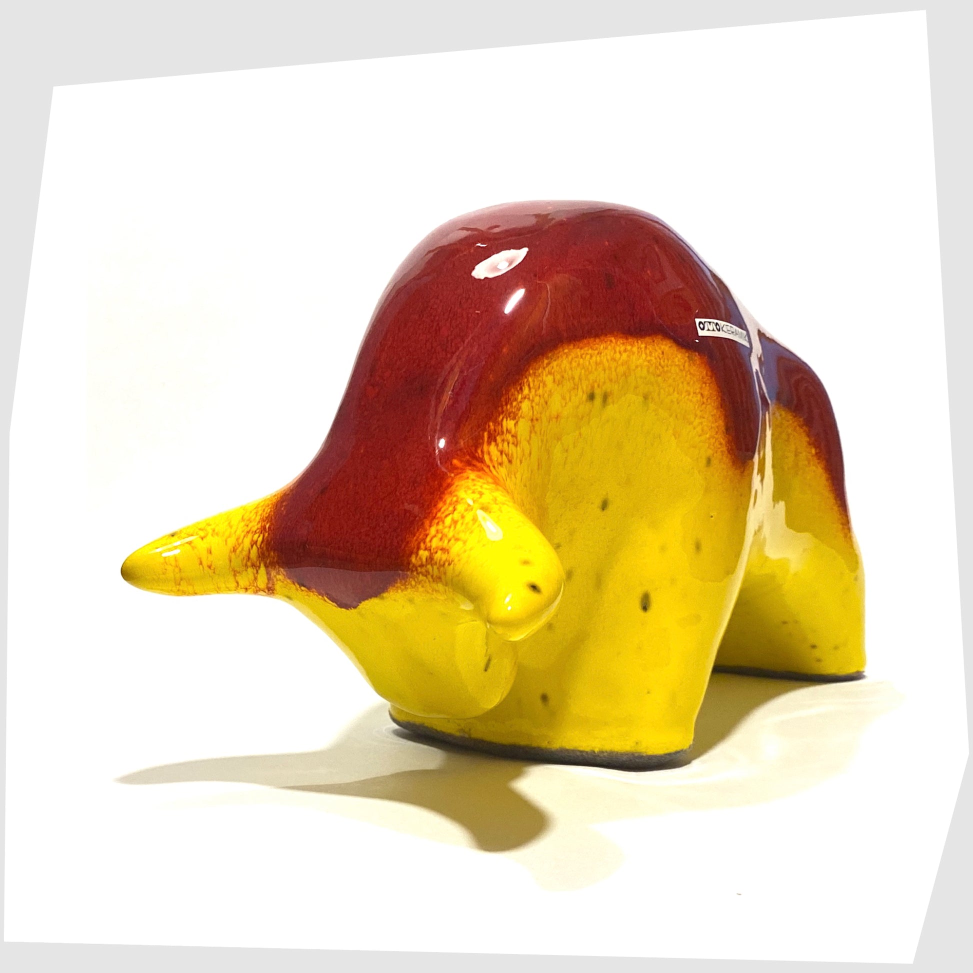 ceramic bull sculpture by otto keramik, germany, glazed in a bright red over vibrant yellow