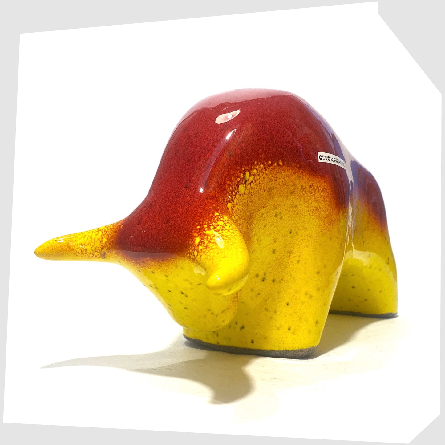 ceramic bull sculpture by otto keramik, germany, glazed in a bright red over vibrant yellow