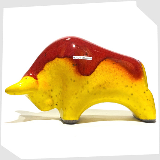otto keramik bull-shaped sculpture in red over yellow glaze