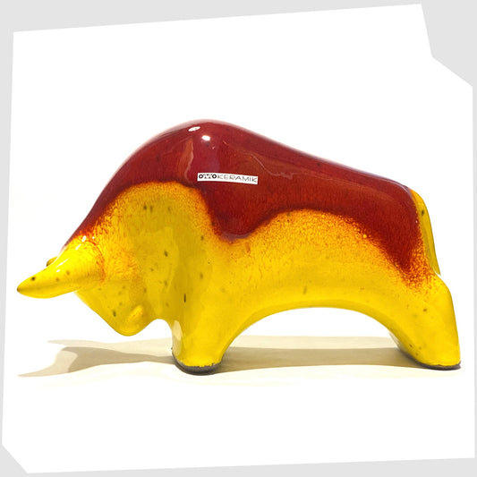 otto keramik bull-shaped sculpture in red over yellow glaze