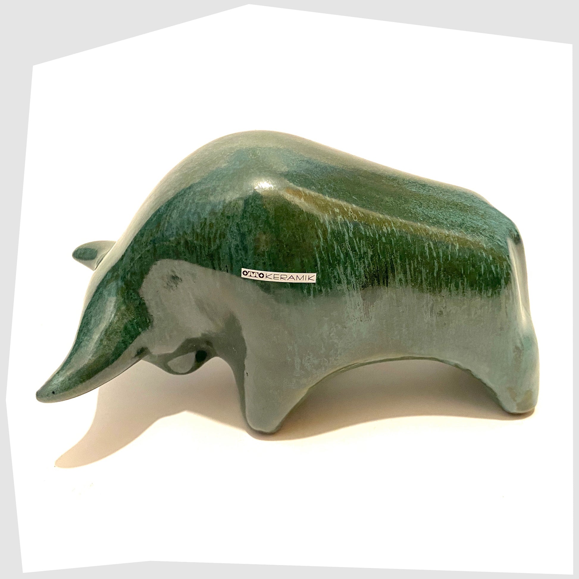 ceramic bull ornament y otto keramik germany in sea green and teal glazing