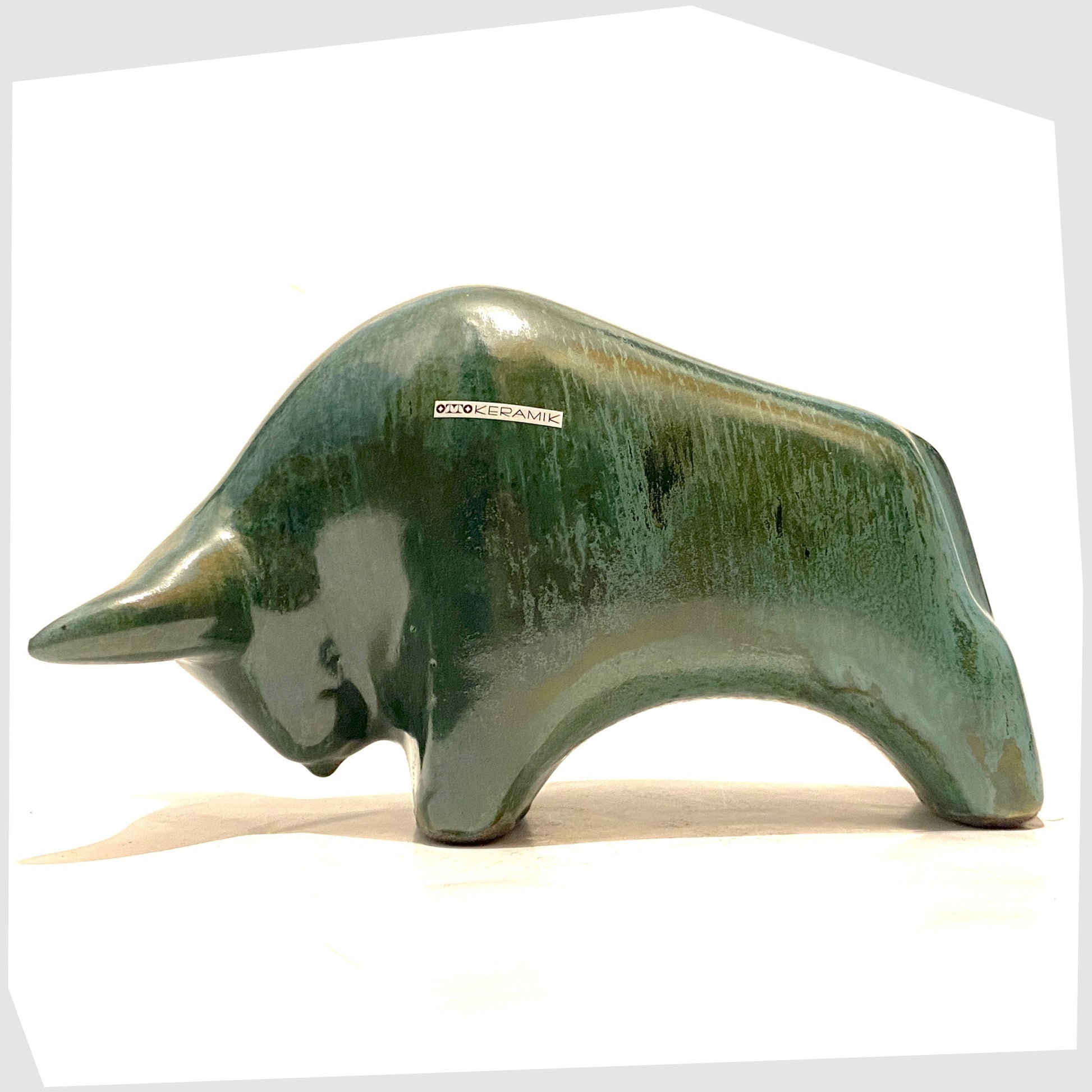 otto keramik ceramic bull ornament in glossy sea green and teal glaze