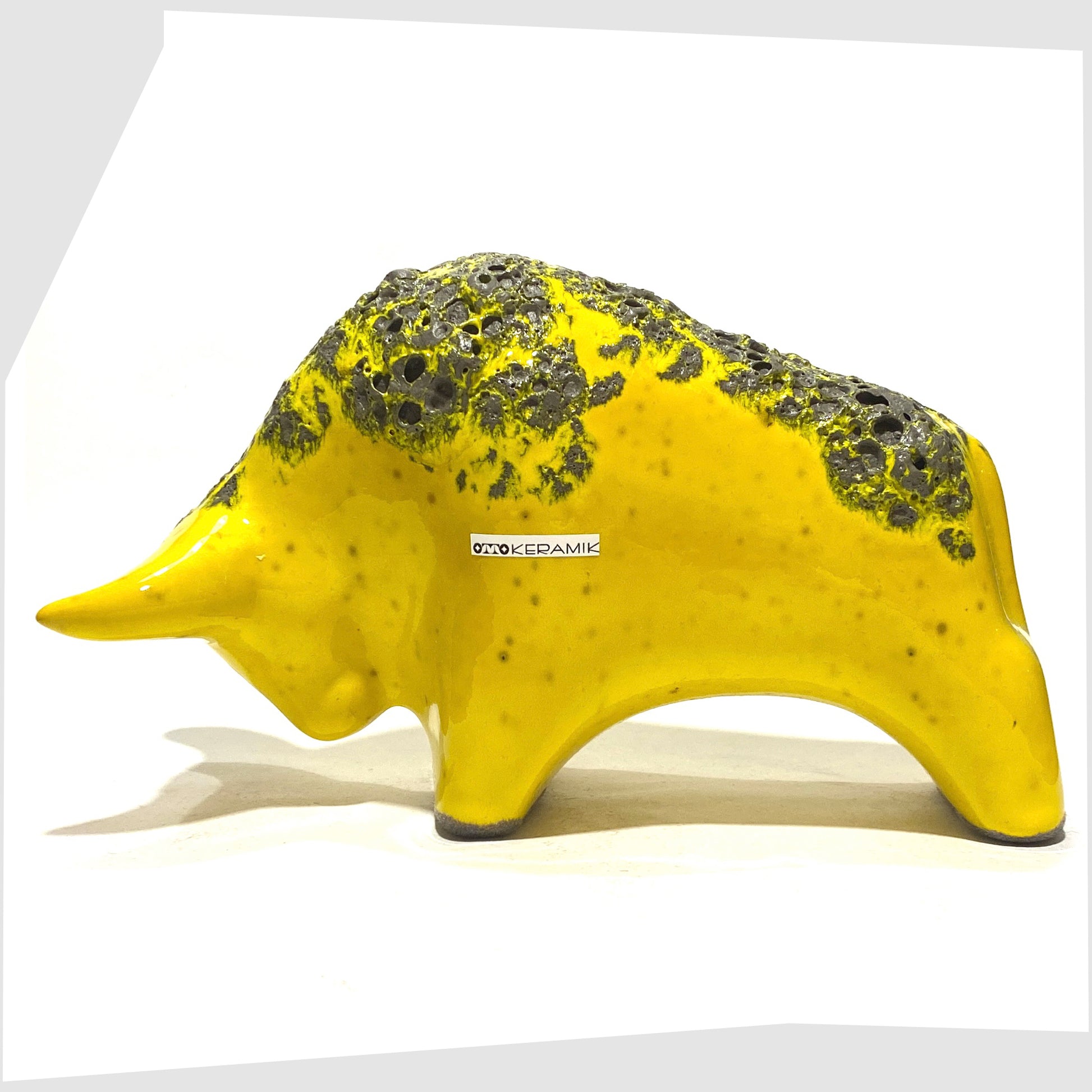 otto keramik ceramic bull ornament in gloss yellow glaze with fat lava glazing