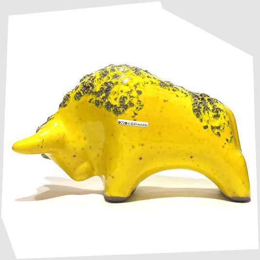 otto keramik ceramic bull ornament in gloss yellow glaze with fat lava glazing
