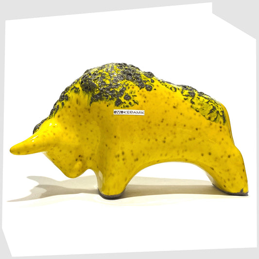 otto keramik ceramic bull ornament in gloss yellow glaze with fat lava glazing