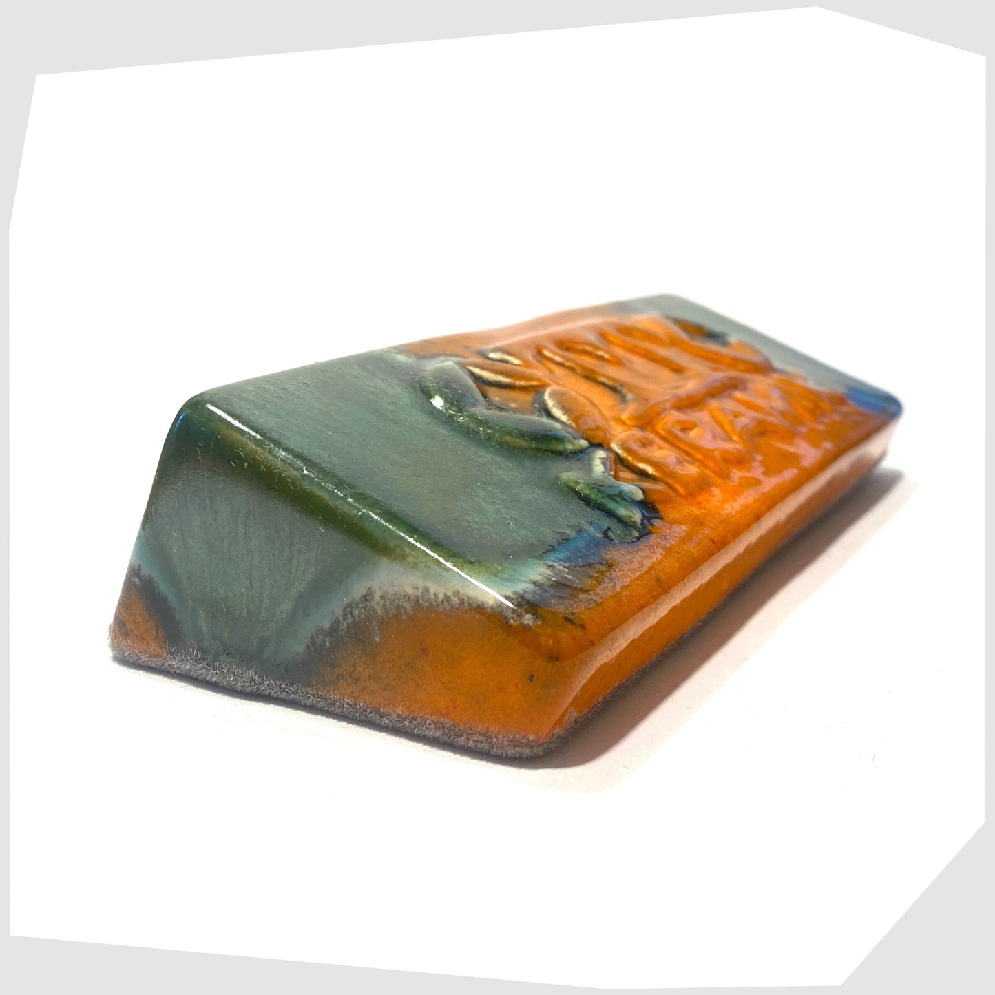orange and sea green glazed ceramic display brick by otto keramik, germany