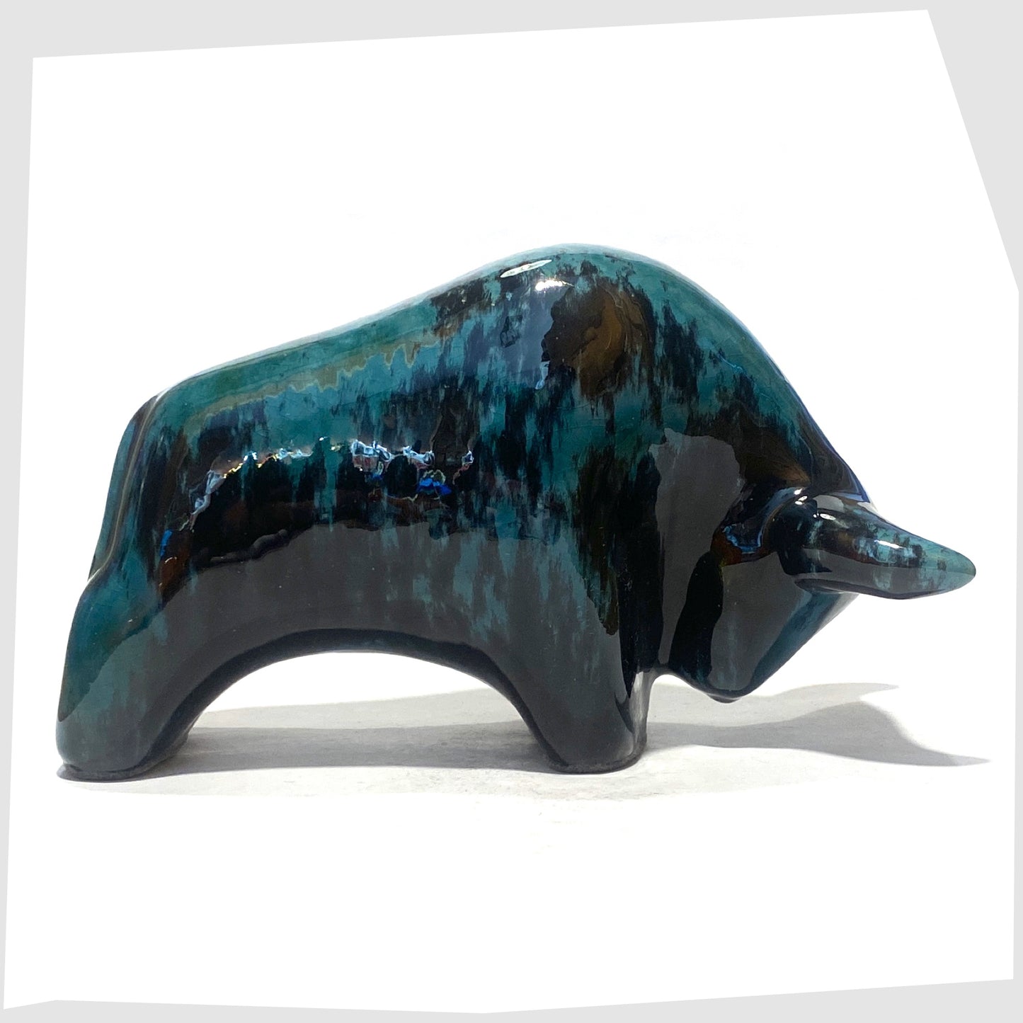 ecuador glazed ceramic bull by otto keramik, germany in black glaze with teal green flecks