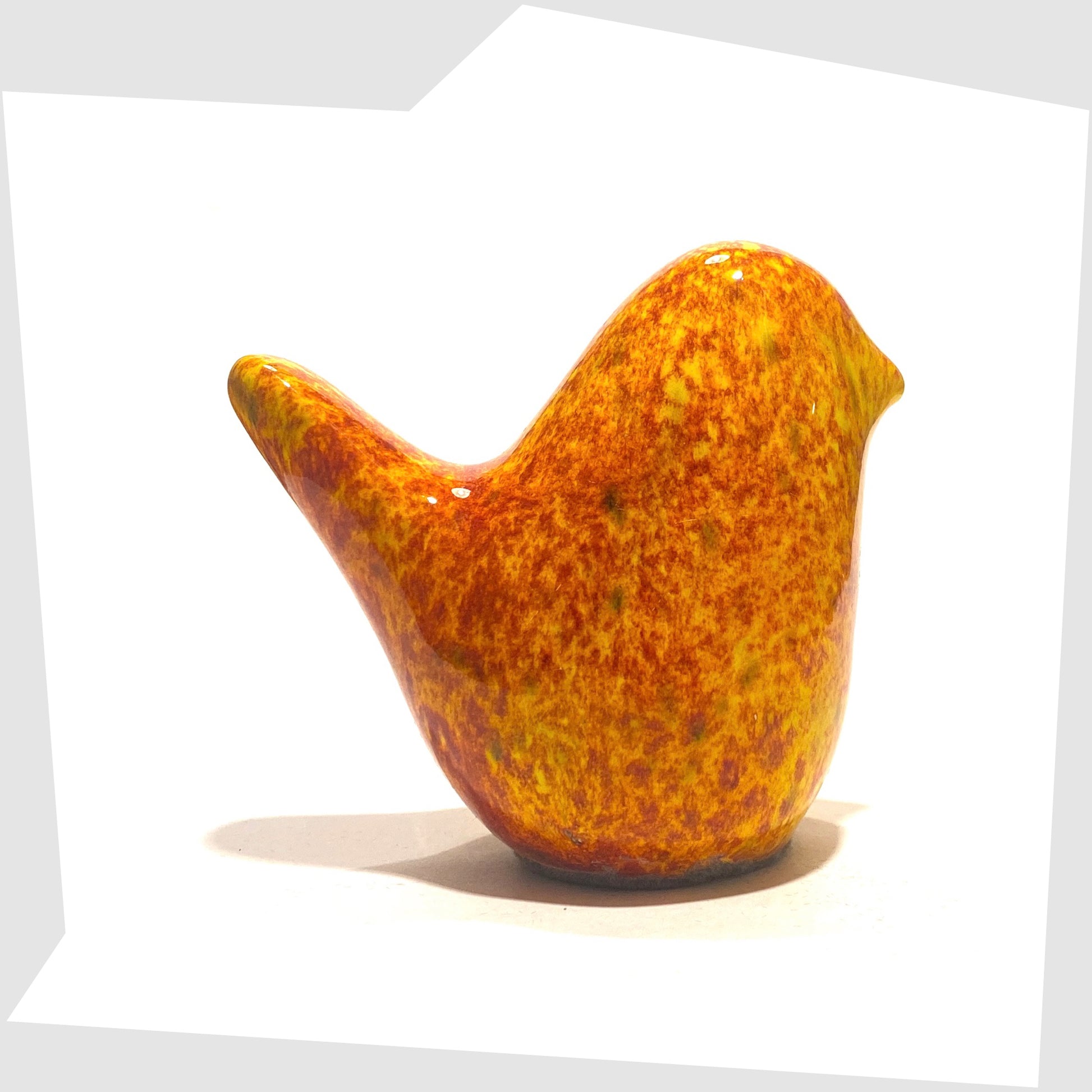 otto keramik ceramic bird sculpture in fire glaze of red, orange and yellow speckles