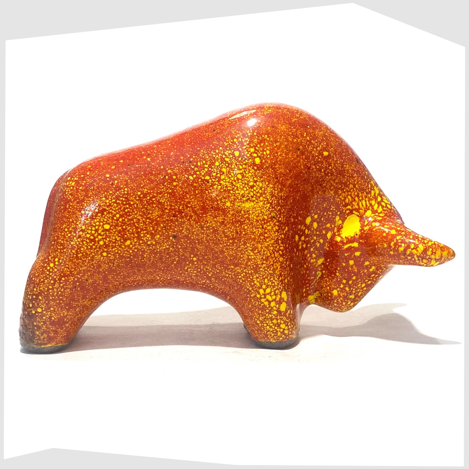 otto keramik ceramic bull-shaped sculpture in fire glaze of red, orange and yellow flecks 