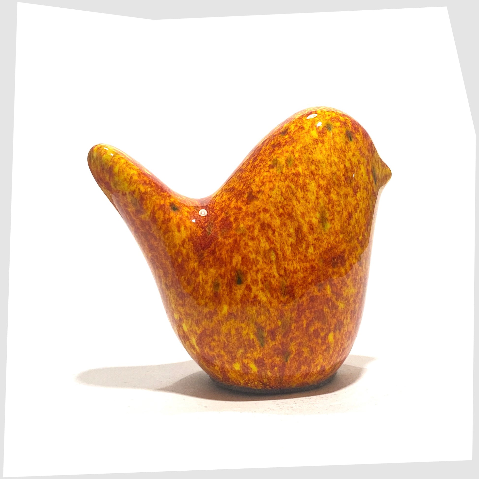 otto keramik ceramic bird sculpture in fire glaze of red, orange and yellow speckles