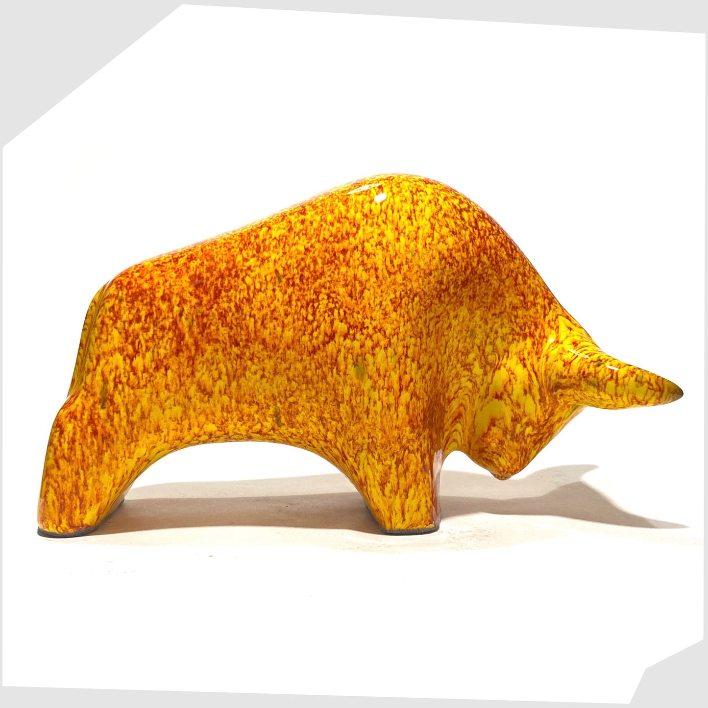 fire glazed ceramic bull bu otto keramik, germany, in red, ornage and yellow speckled fire glaze