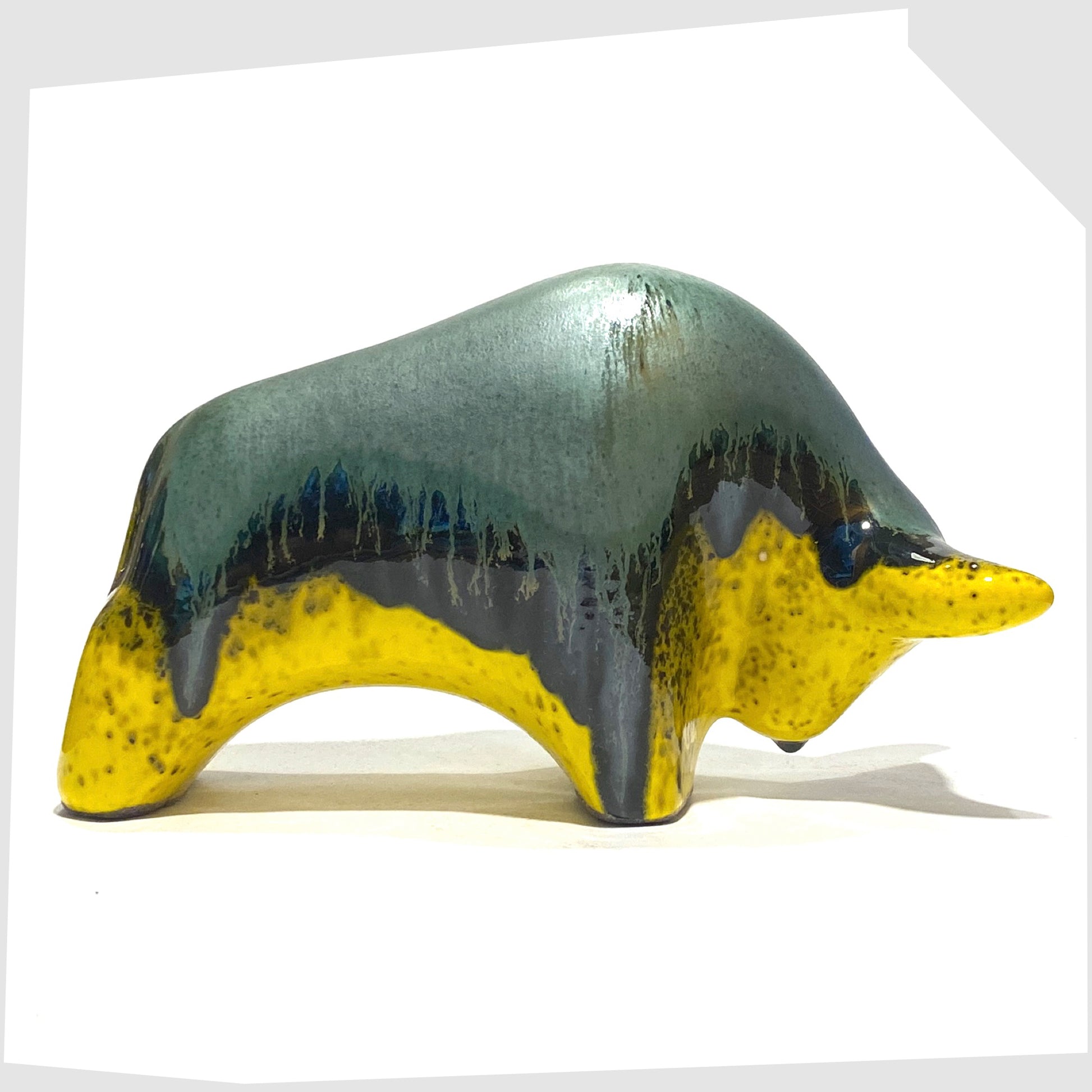 otto keramik green and yellow ceramic bull sculpture