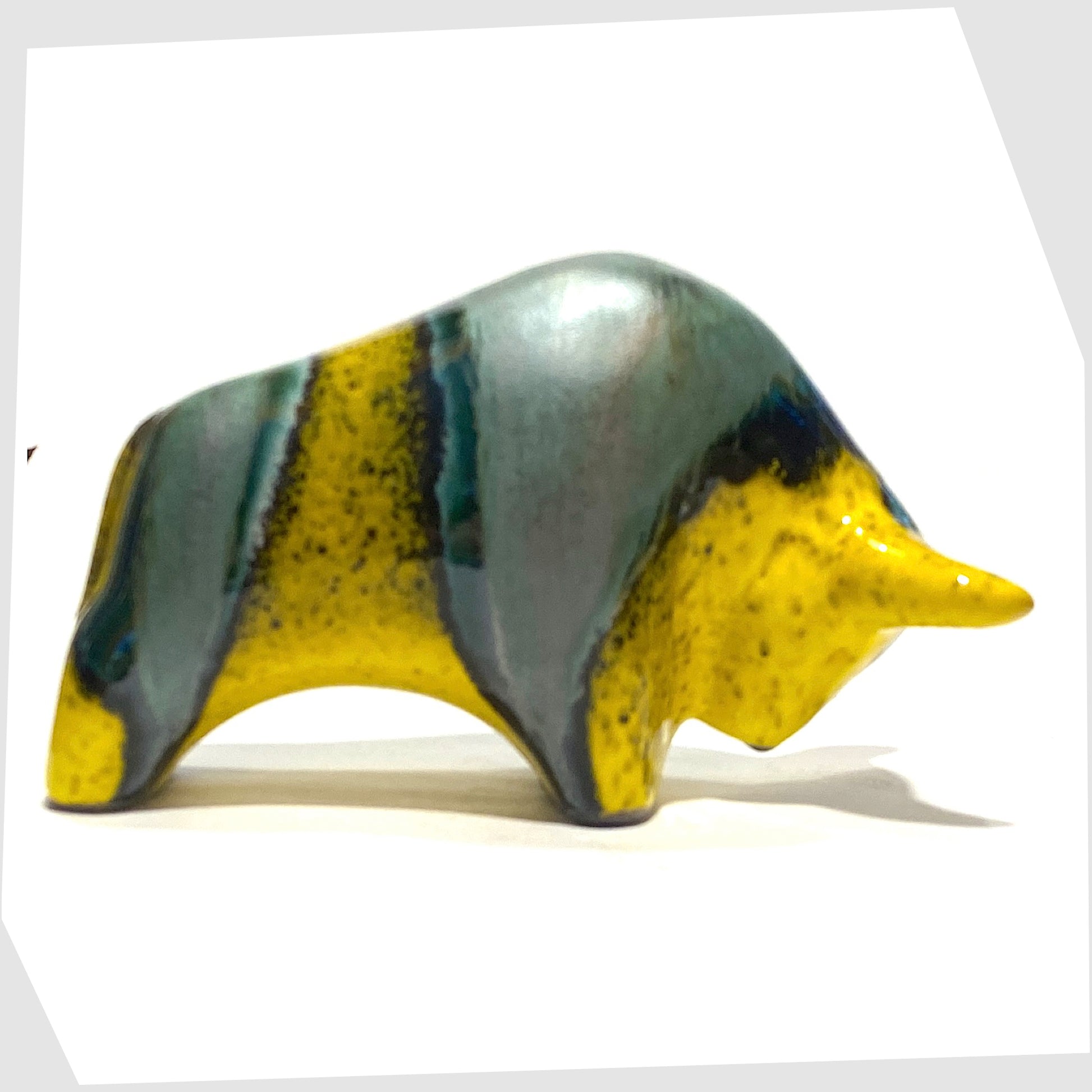otto keramik bull ornament in brazil glaze of yellow and sea green glaze