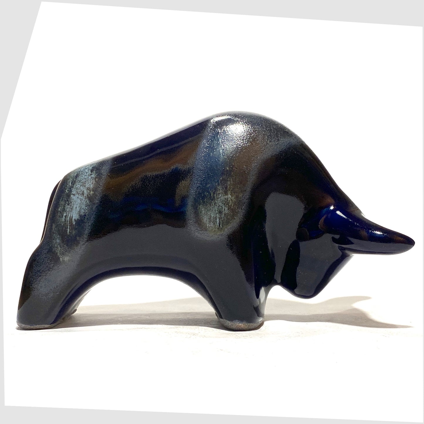 Otto Keramik Ceramic Bull in gloss navy and blue Kreta glaze, shown on a white background