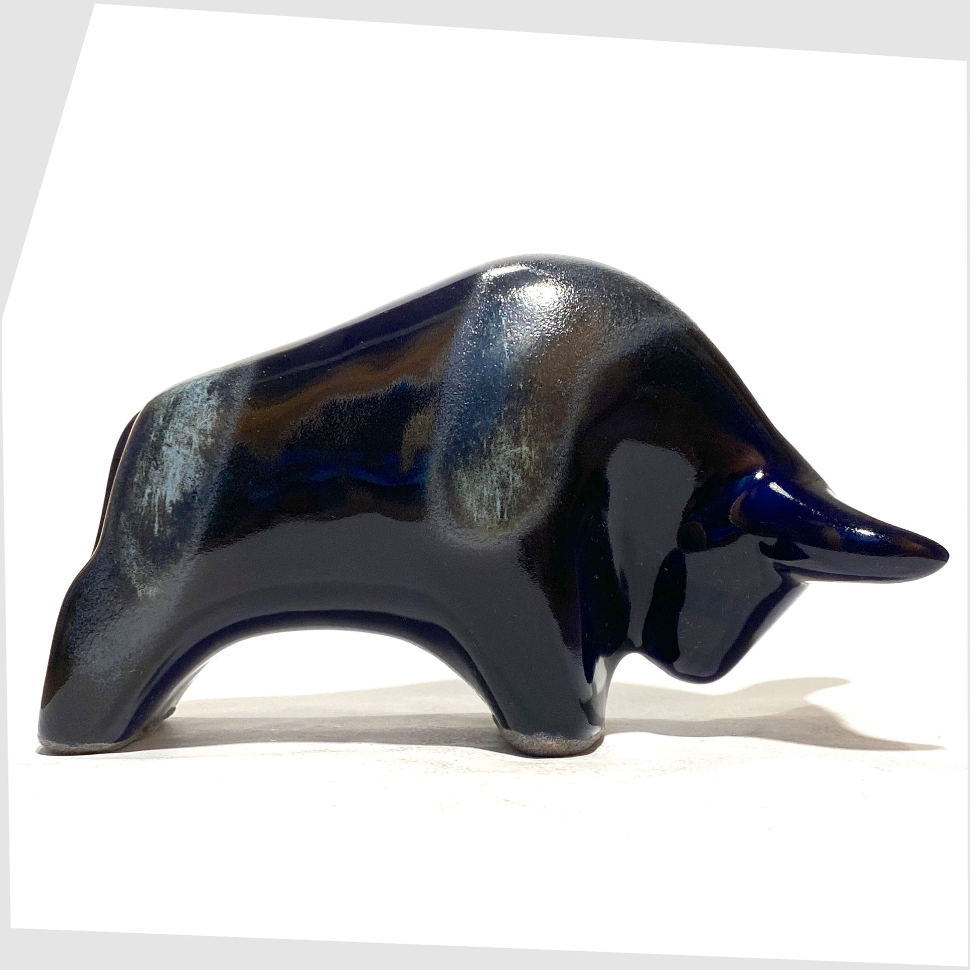 Otto Keramik Ceramic Bull in gloss navy and blue Kreta glaze, shown on a white background