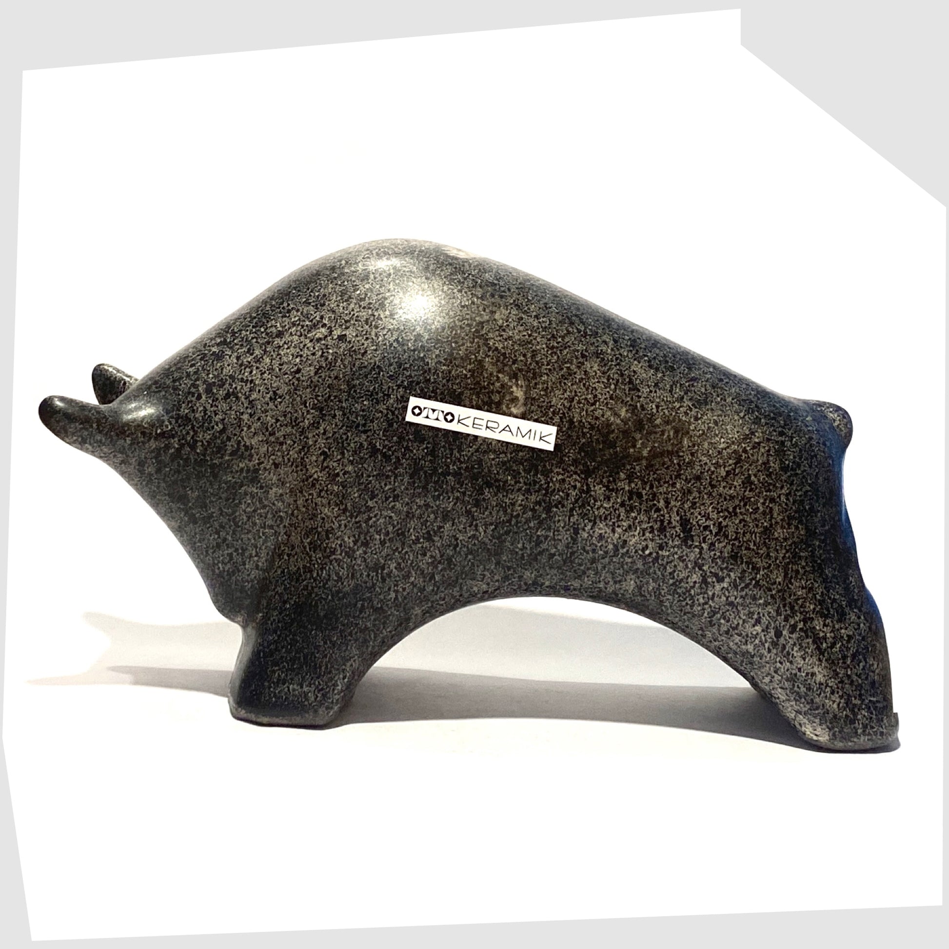 large otto keramik bull sculpture in bold black speckled glaze