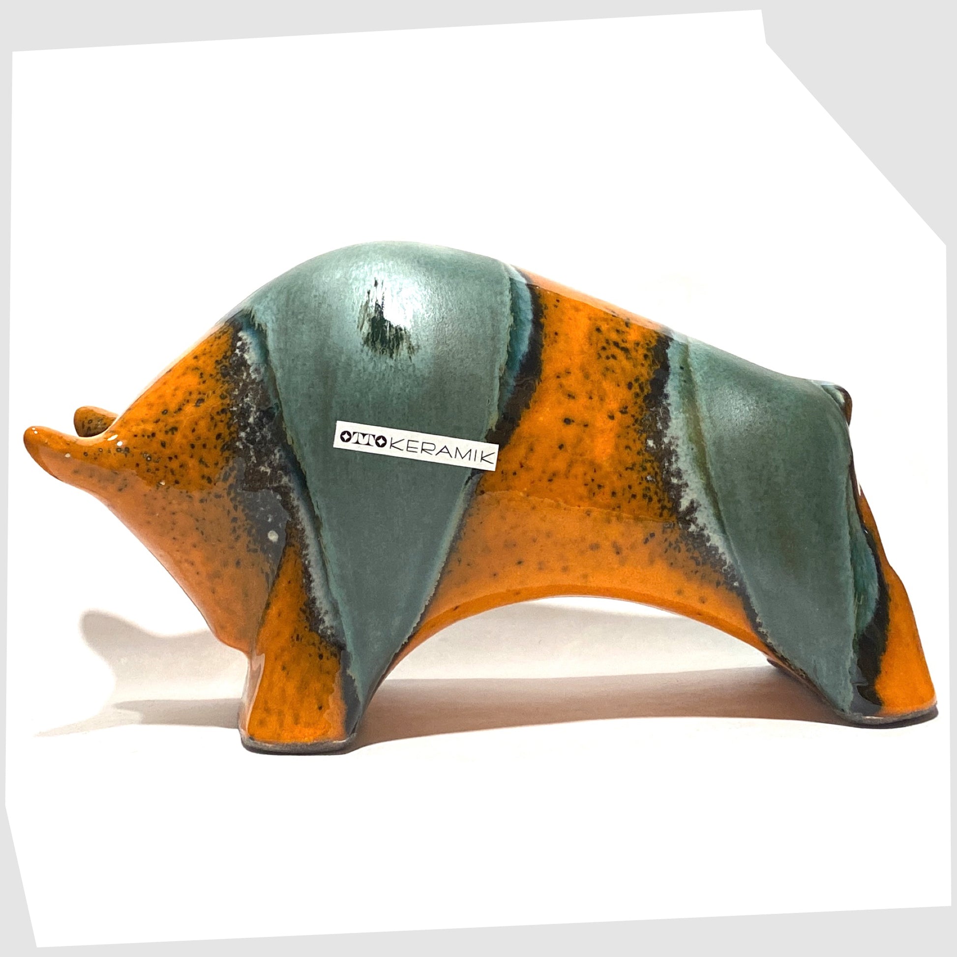 otto keramik large bull in peru glaze of orange with sea green drip glazing