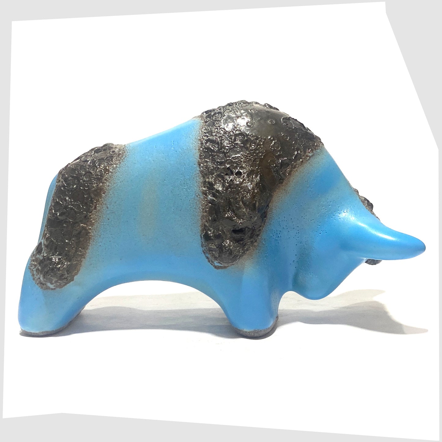 otto keramik bull in light blue glaze with striped of deep fat lava glaze