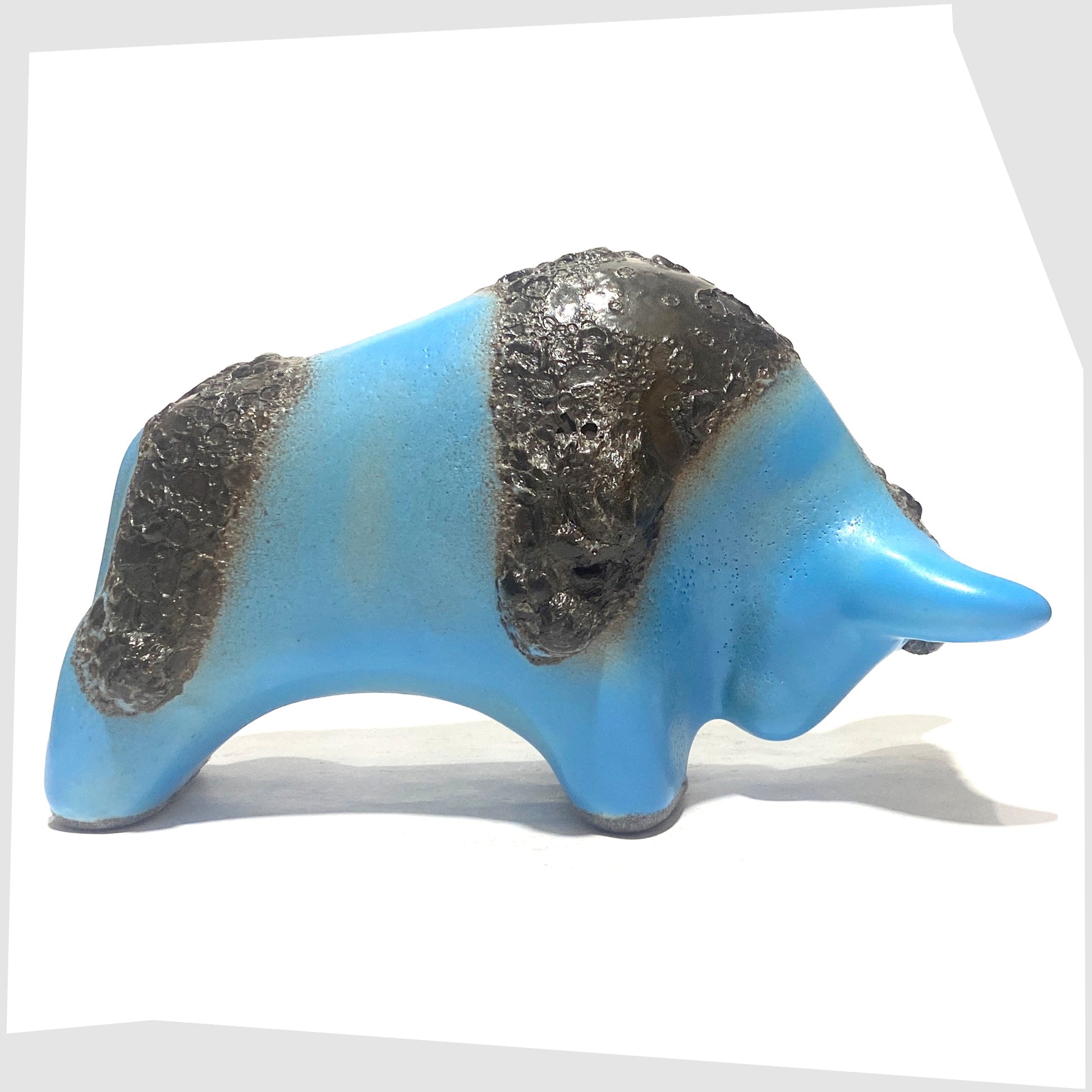 otto keramik bull in light blue glaze with striped of deep fat lava glaze