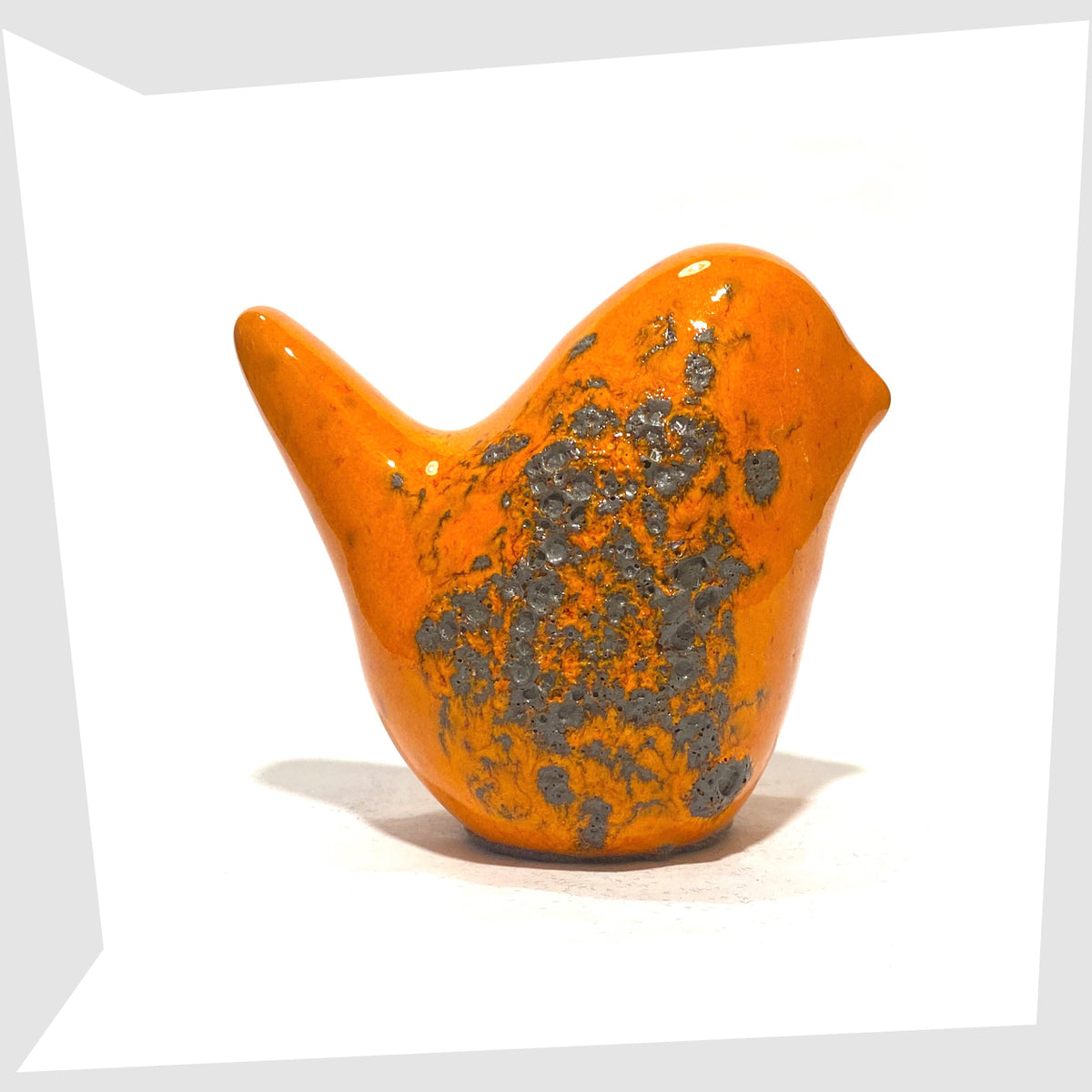 Otto Keramik Ceramic Bird in Orange with grey Fat Lava Glaze shown on a white background