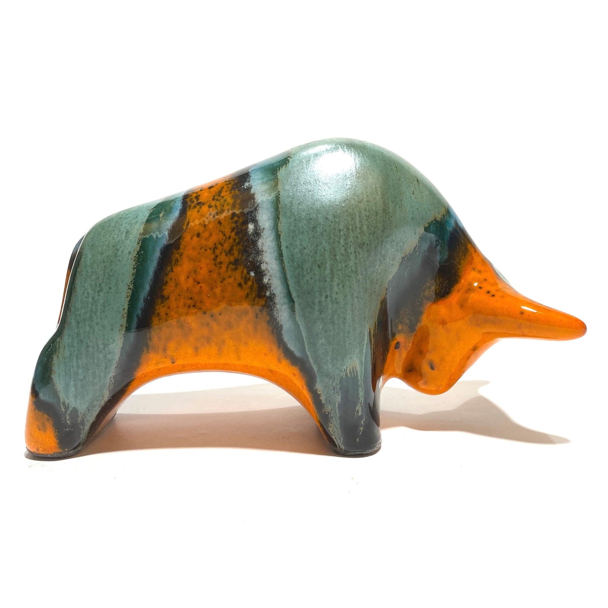 peru bull in orange and sea green glaze by otto keramik germany