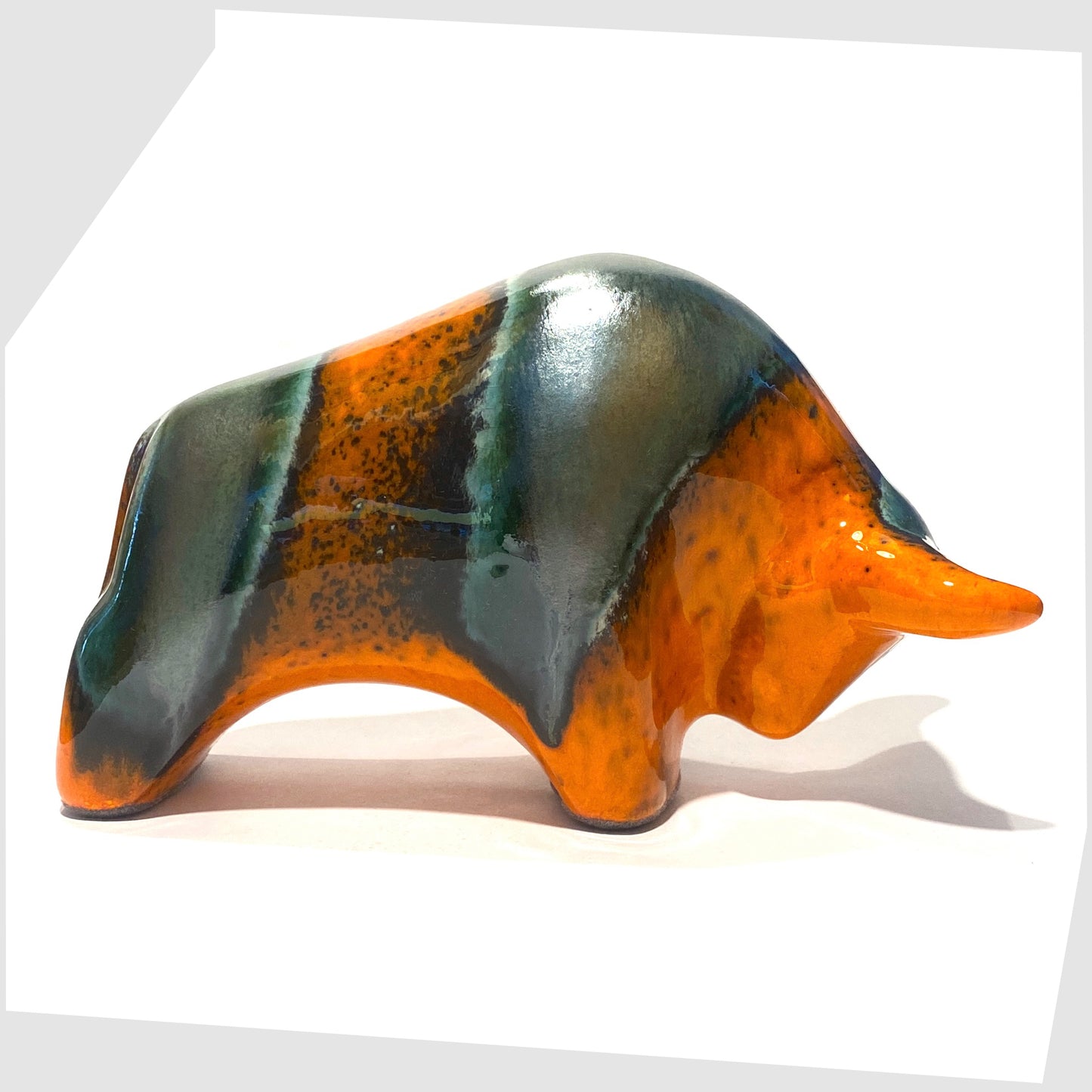 peru bull in orange and sea green glaze by otto keramik germany
