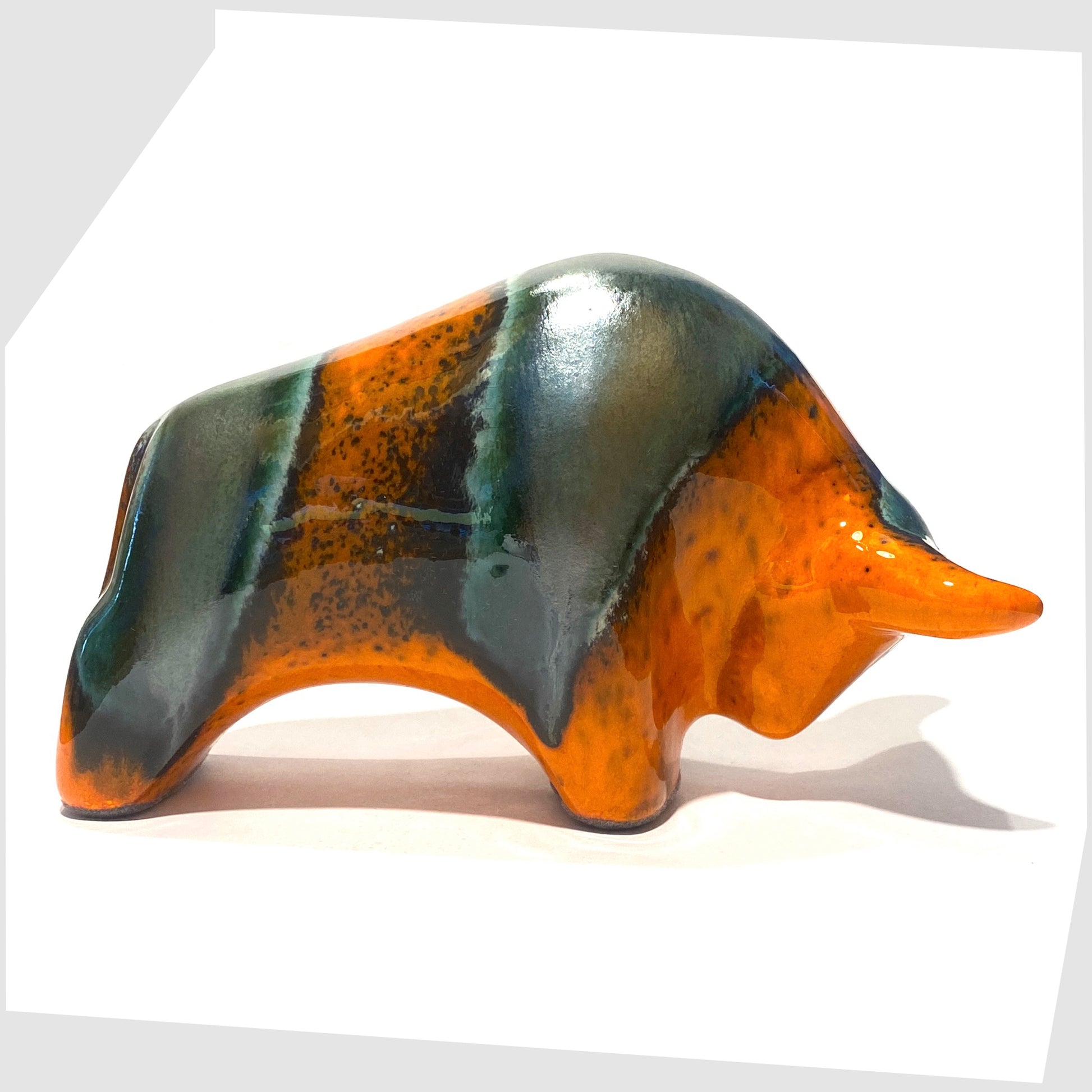 peru bull in orange and sea green glaze by otto keramik germany