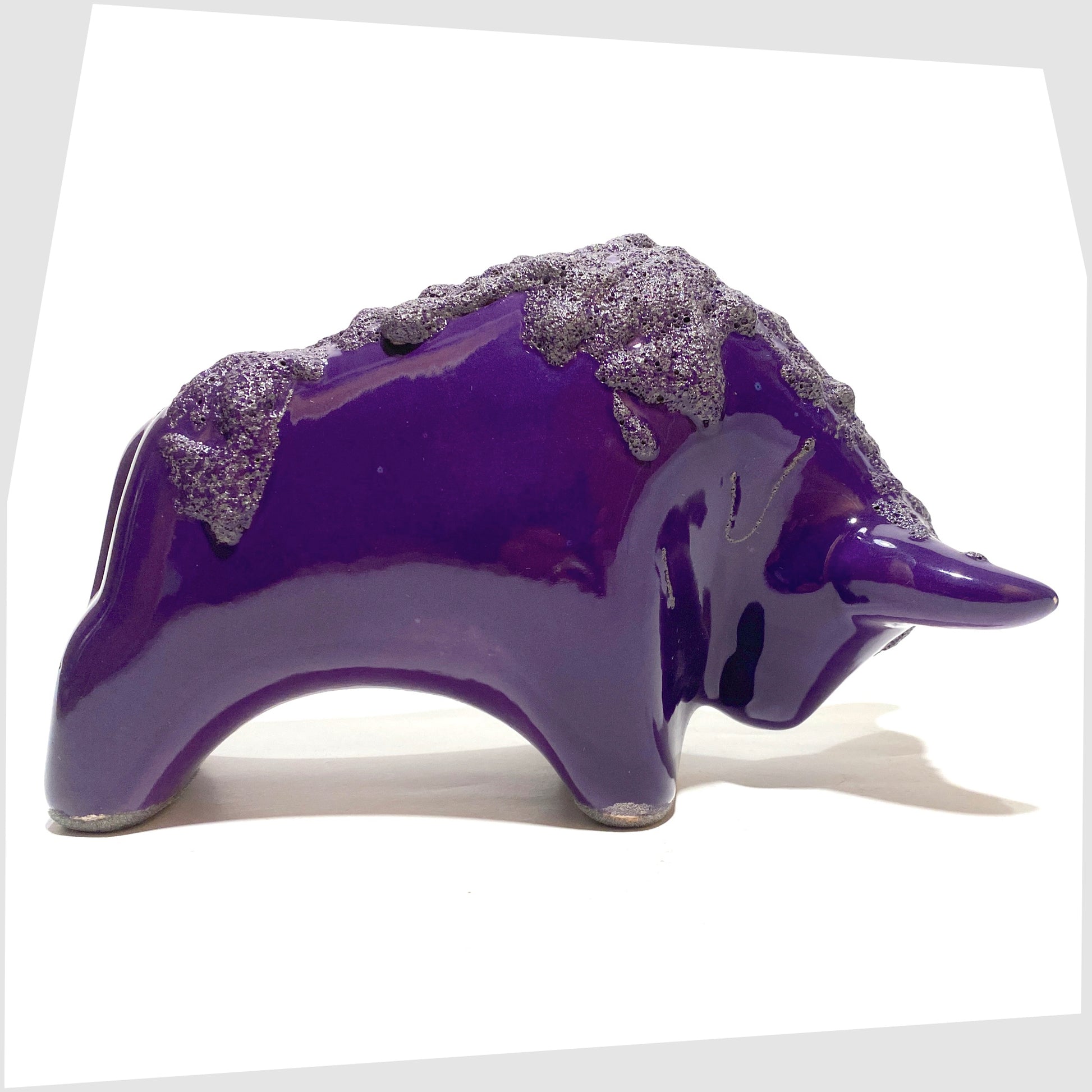 West German Pottery-style Otto Keramik Bull in purple glaze with deep fat lava along the spine