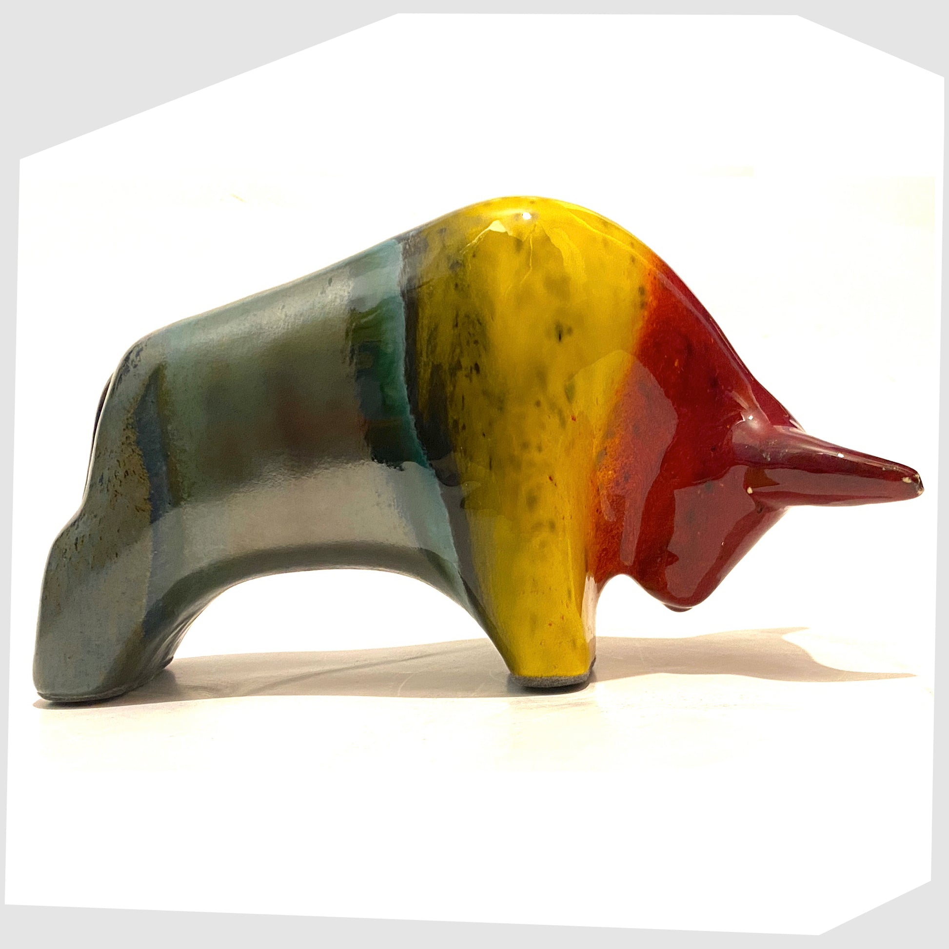 otto keramik bull shaped ceramic ornament in multicoloured rainbow glazing