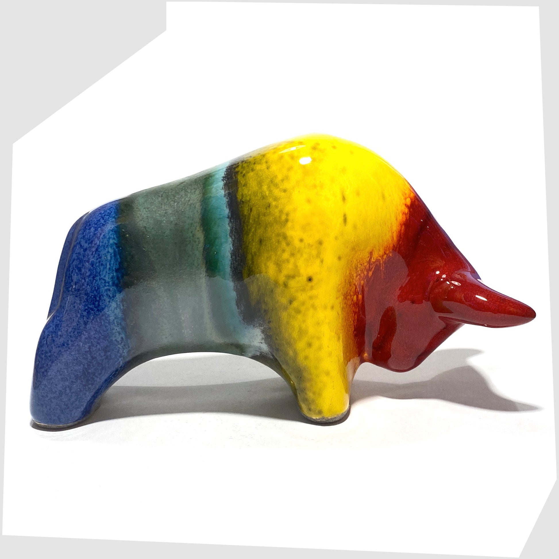 otto keramik ceramic bull in rainbow glazing or red, yellow, sea green and dark blue glaze