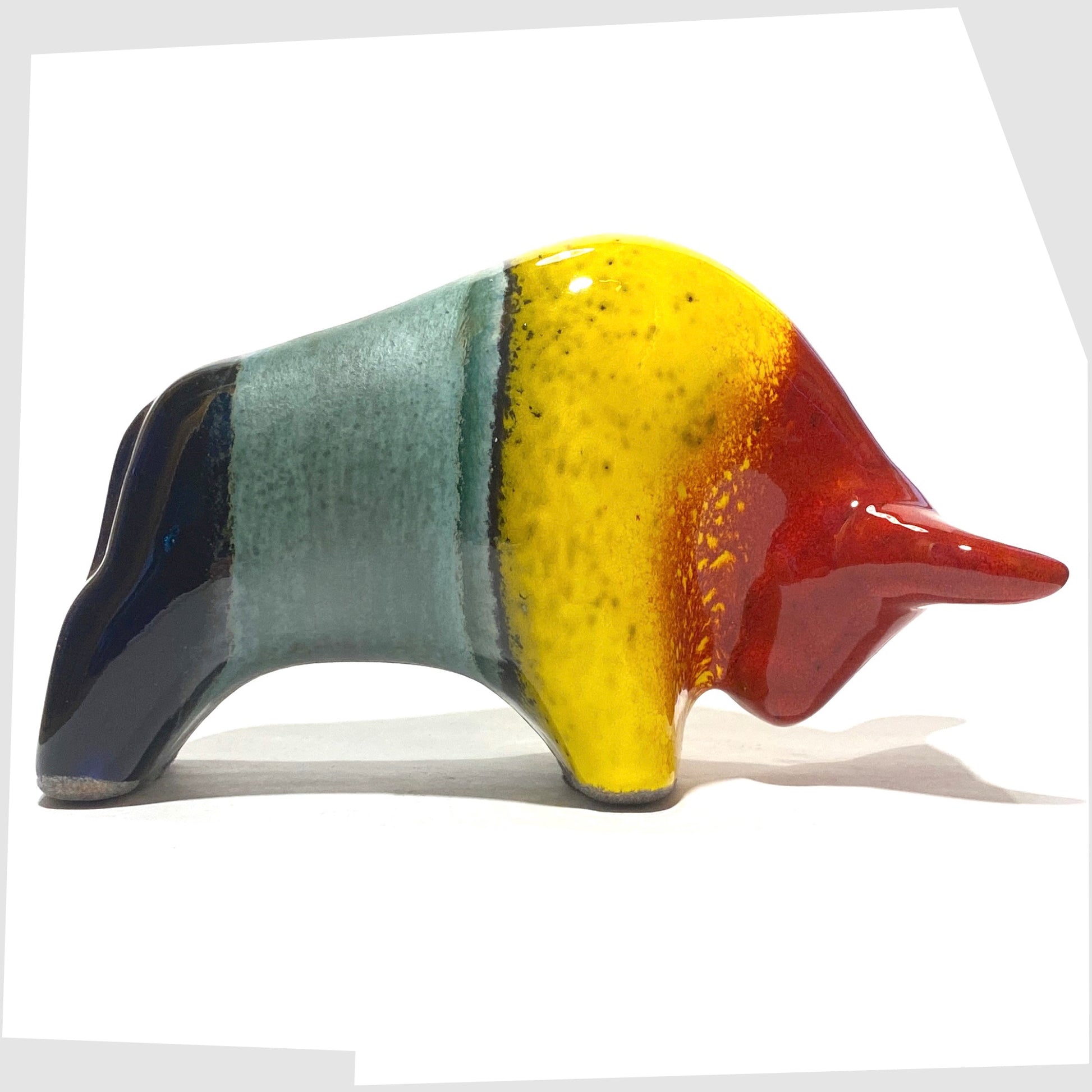 large otto keramik ceramic bull shaped ornament in multicoloured rainbow glaze