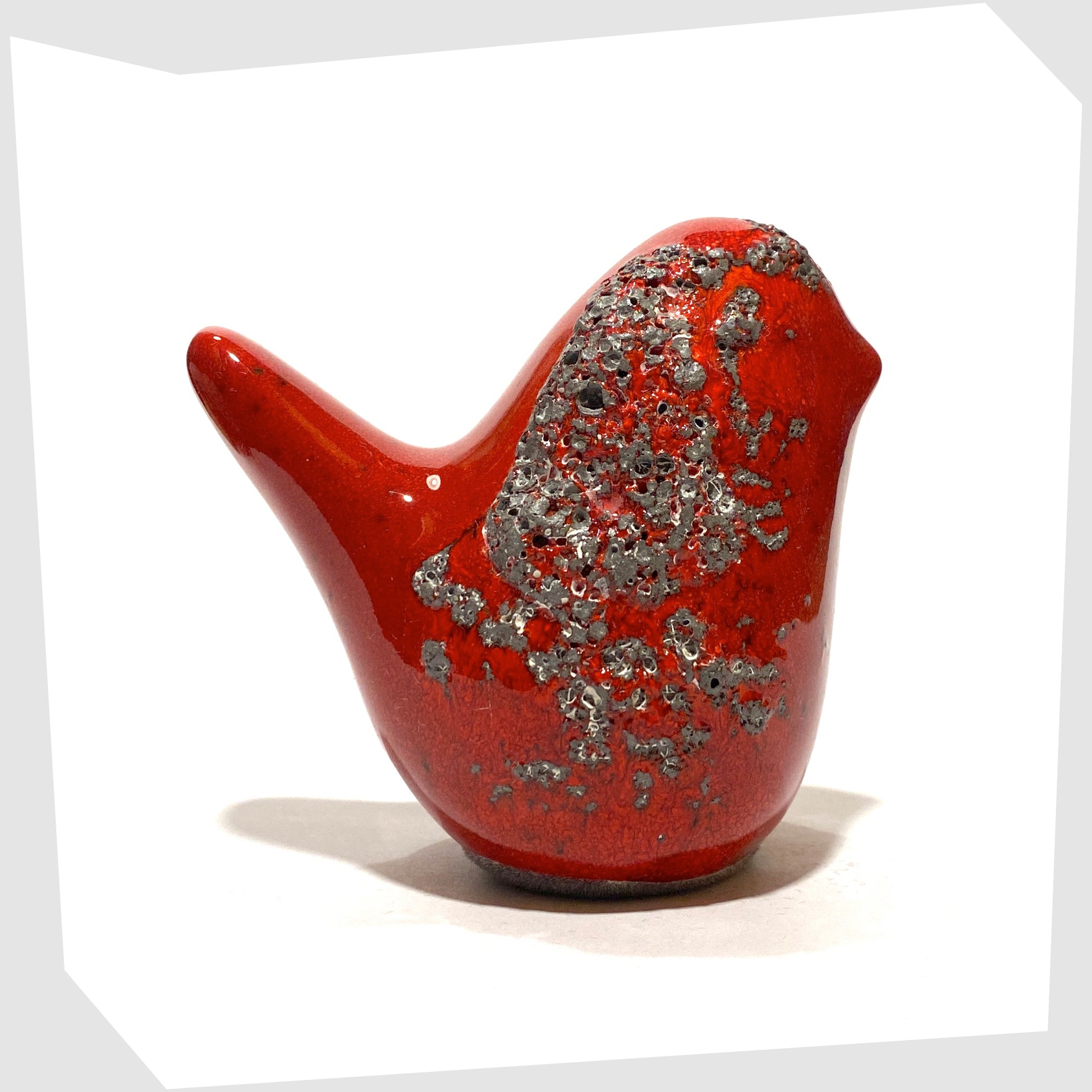 otto keramik ceramic bird sculpture in red with grey fat lava glaze.